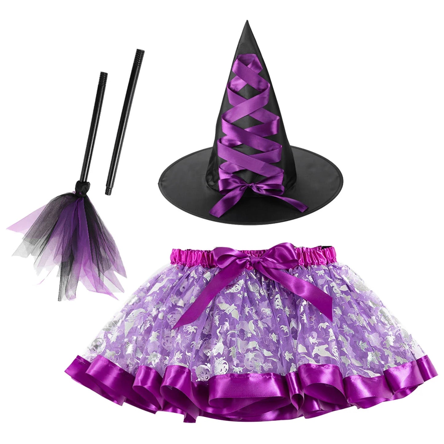 Baby Clothes 2024 Wizard Hat Adult Carnival Children Tutu Broom Three-Piece Set Headband Purple M
